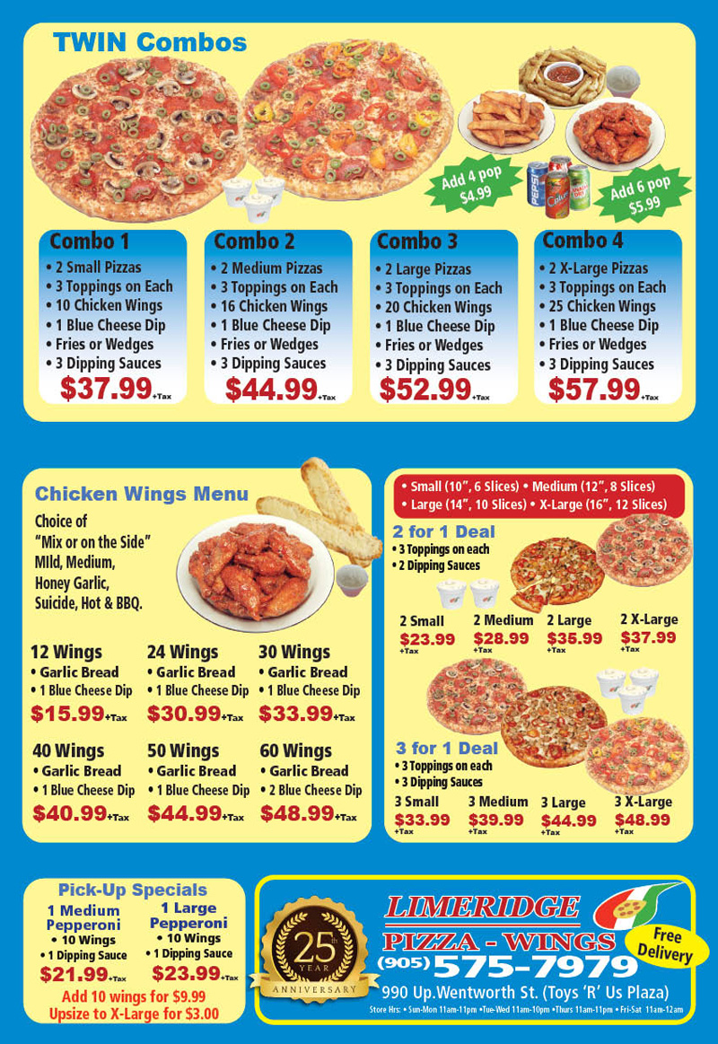 Limeridge Pizza & Wings Menu - Pickup and Delivery in Hamilton