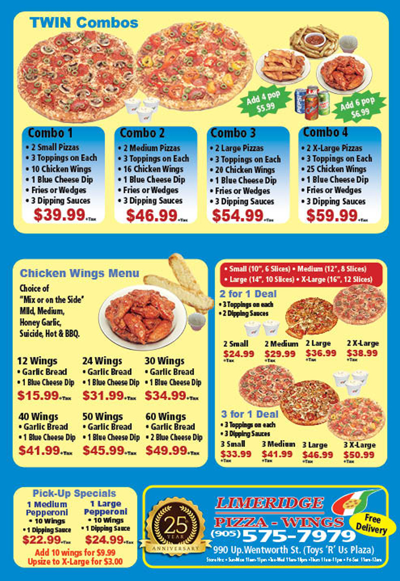 Limeridge Pizza & Wings Menu - Pickup and Delivery in Hamilton
